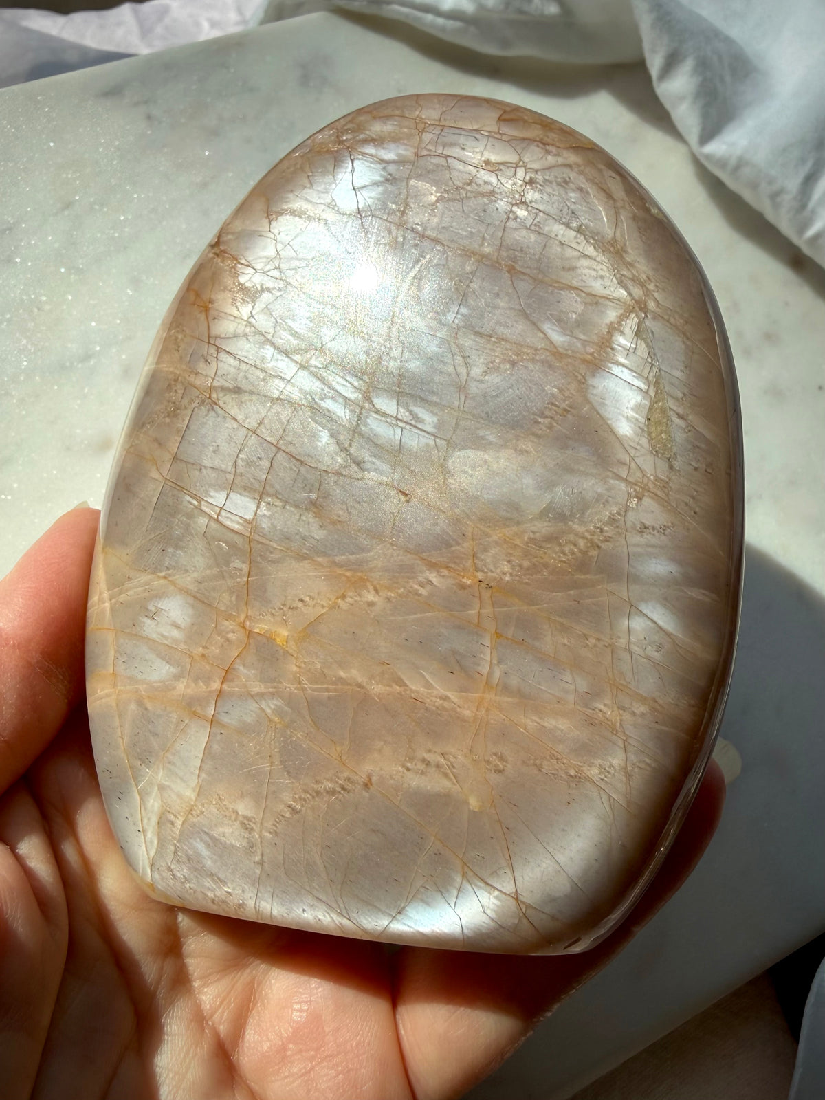 Natural Peach Moonstone freeform with silvery white shimmer, peach orange color and mineral patterns