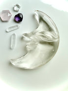 One-of-a-kind Clear Quartz Moon Face carving styled with crystals for moon rituals, meditation, and sacred space décor