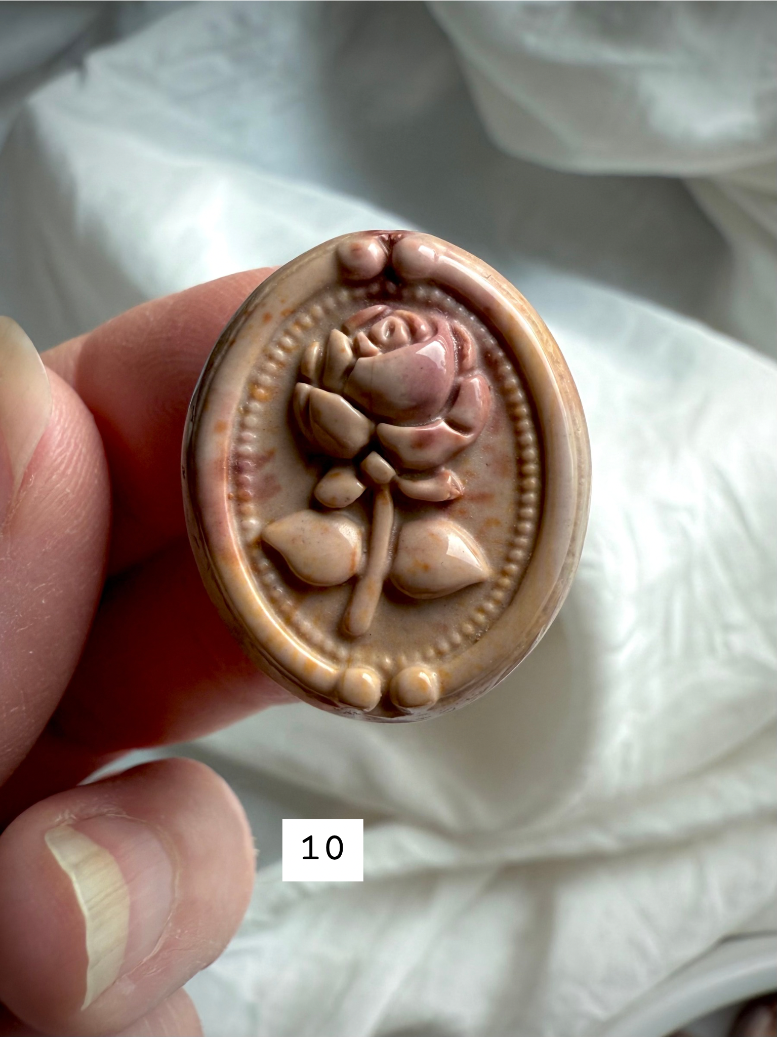 olychrome Jasper Rose carving #10 showcasing warm golden beige, blush, and natural banding