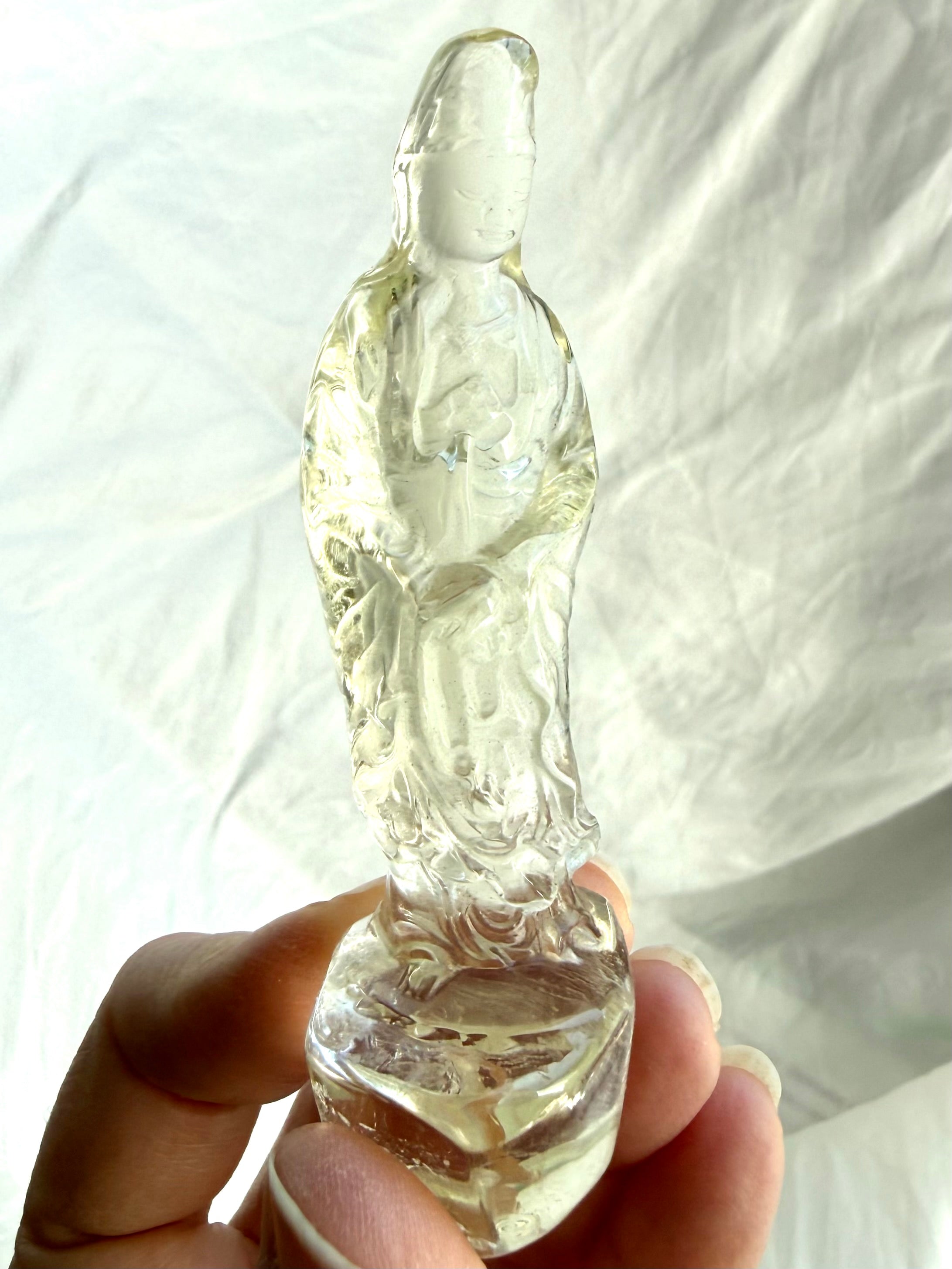 front view of Citrine Quan Yin statue carved from natural Citrine for joy confidence and abundance