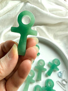 Green Aventurine ankh crystal carving side view showing polished edges and carved details