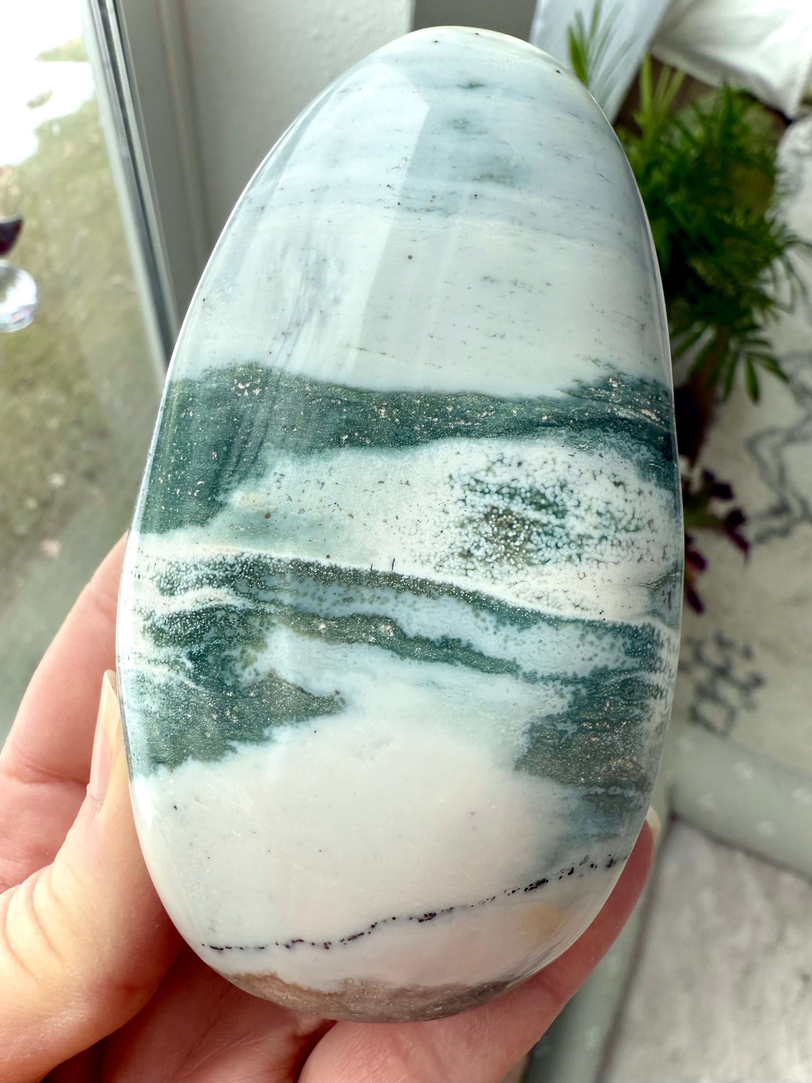 A rare scenic Blue Ocean Jasper Freeform with orbicular orbs + druzy reminiscent of a stormy sea