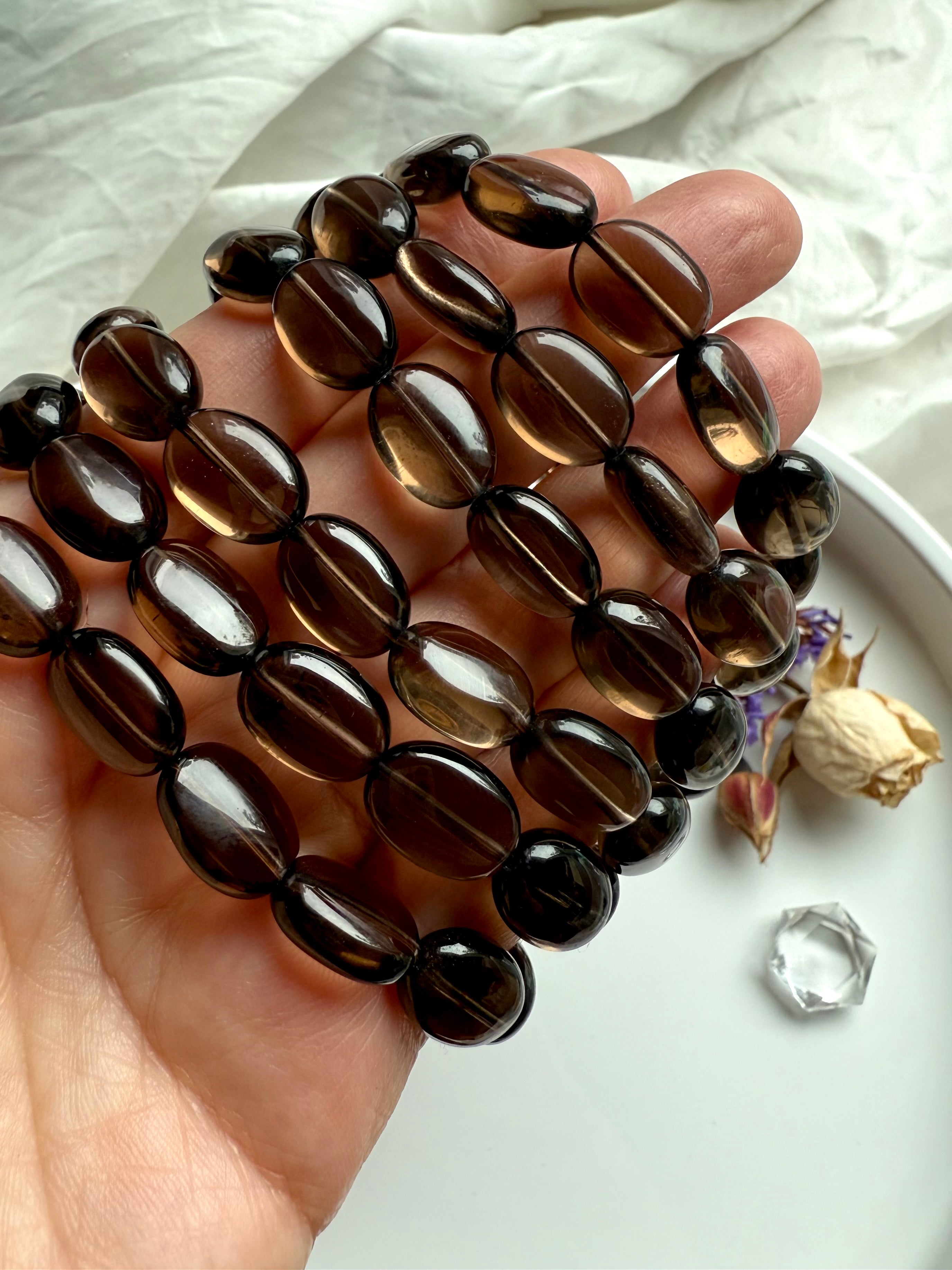 Smoky Quartz healing crystal bracelets – high-clarity flat oval beads for energy clearing