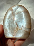 Natural Peach Moonstone crystal with luminous silver shimmer and soft peach color, a one-of-a-kind Madagascar freeform