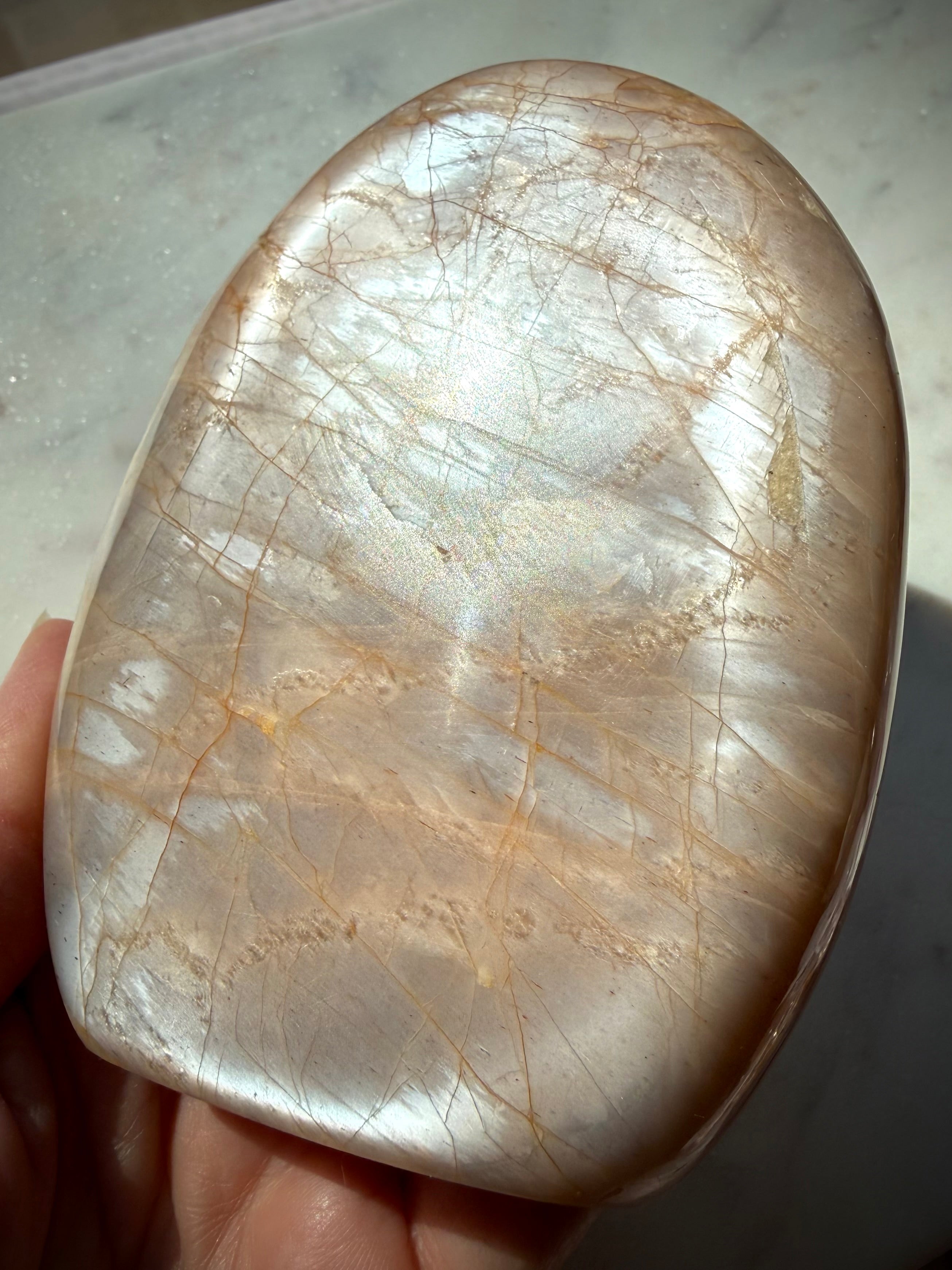 Peach Moonstone freeform with luminous silvery shimmer and warm peach tones, crystal for intuition and emotional healing