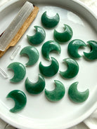 Green Aventurine Crescent Moon crystal carvings for love, luck, abundance, and Heart Chakra healing