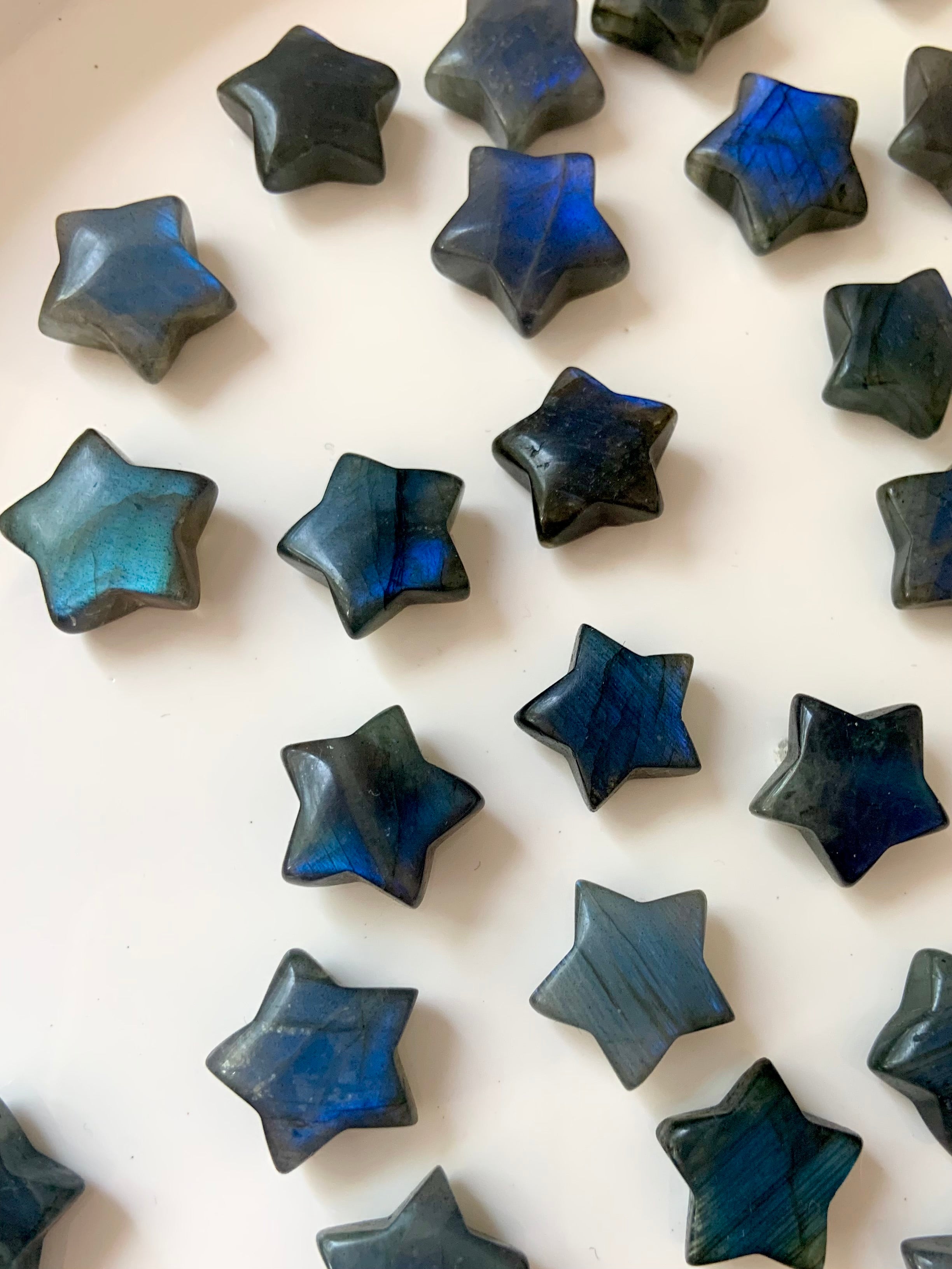Angled close-up of blue Labradorite stars showing flash, pattern & texture — high-vibe mini crystals for insight, protection & inner vision.