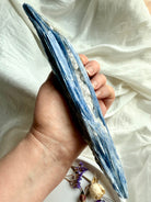 Natural blue kyanite crystal wand with quartz + tourmaline, high vibration meditation stone for clarity, calm + spiritual growth