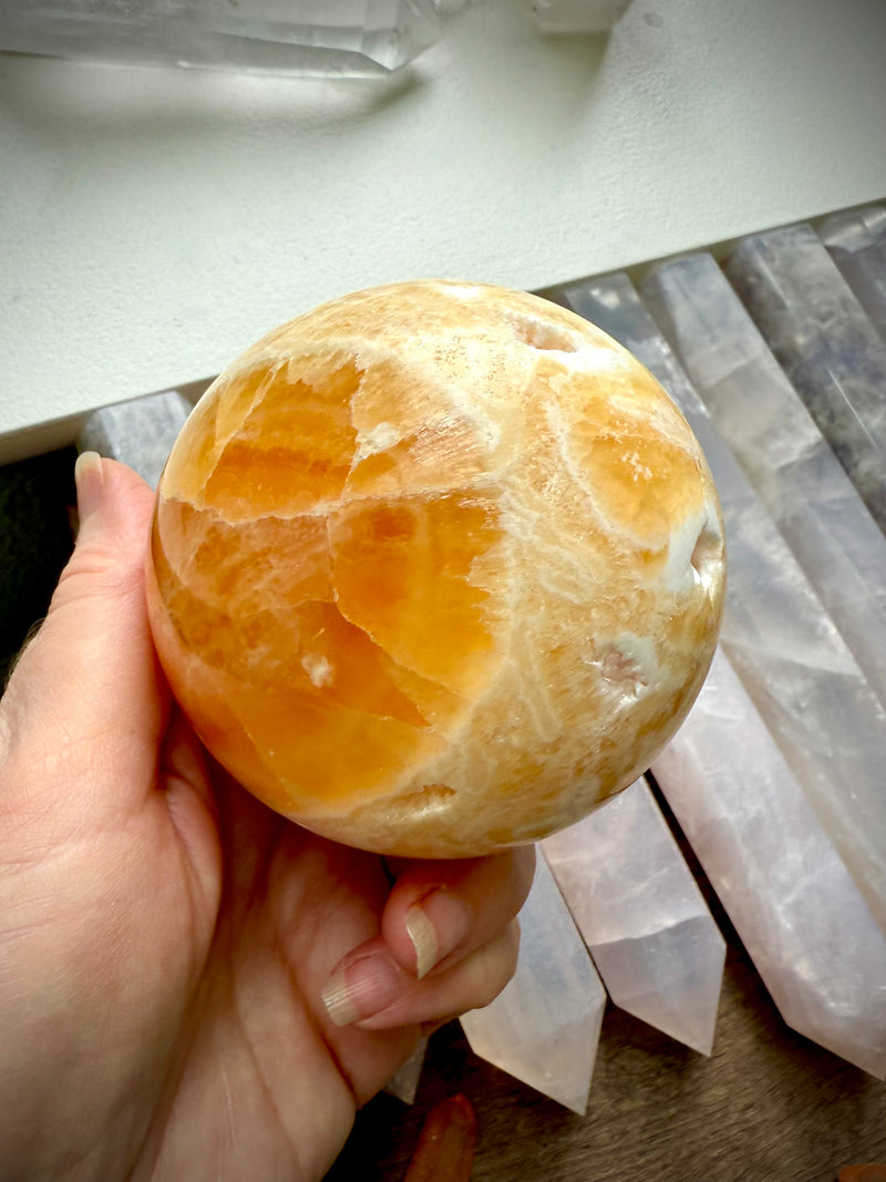Druzy Orange Calcite Sphere with Stand