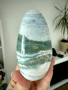 Rare blue + teal scenic Ocean Jasper Freeform with orbicular orbs + druzy reminiscent of stormy seas