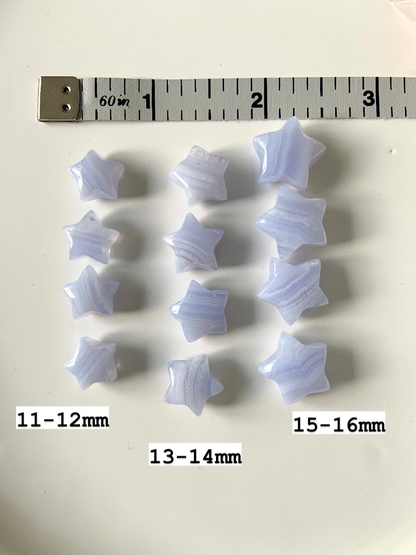 Blue Lace Agate stars arranged in 3 rows with measuring tape & sizes labeled — mini crystals for calm, clarity & self-expression.