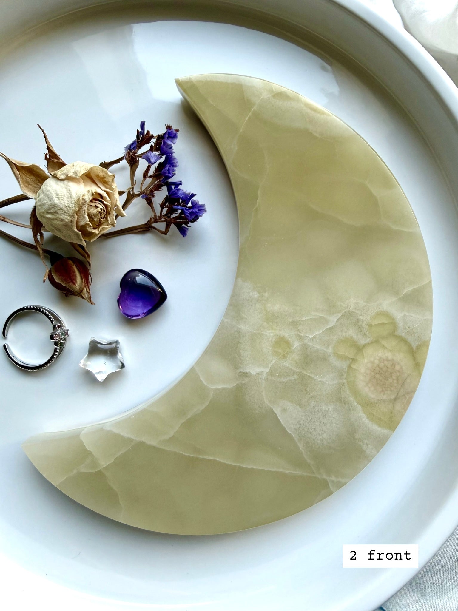 white onyx crescent moon plate # 2 front Mexican onyx crystal moon dish with warm cream and honey tones