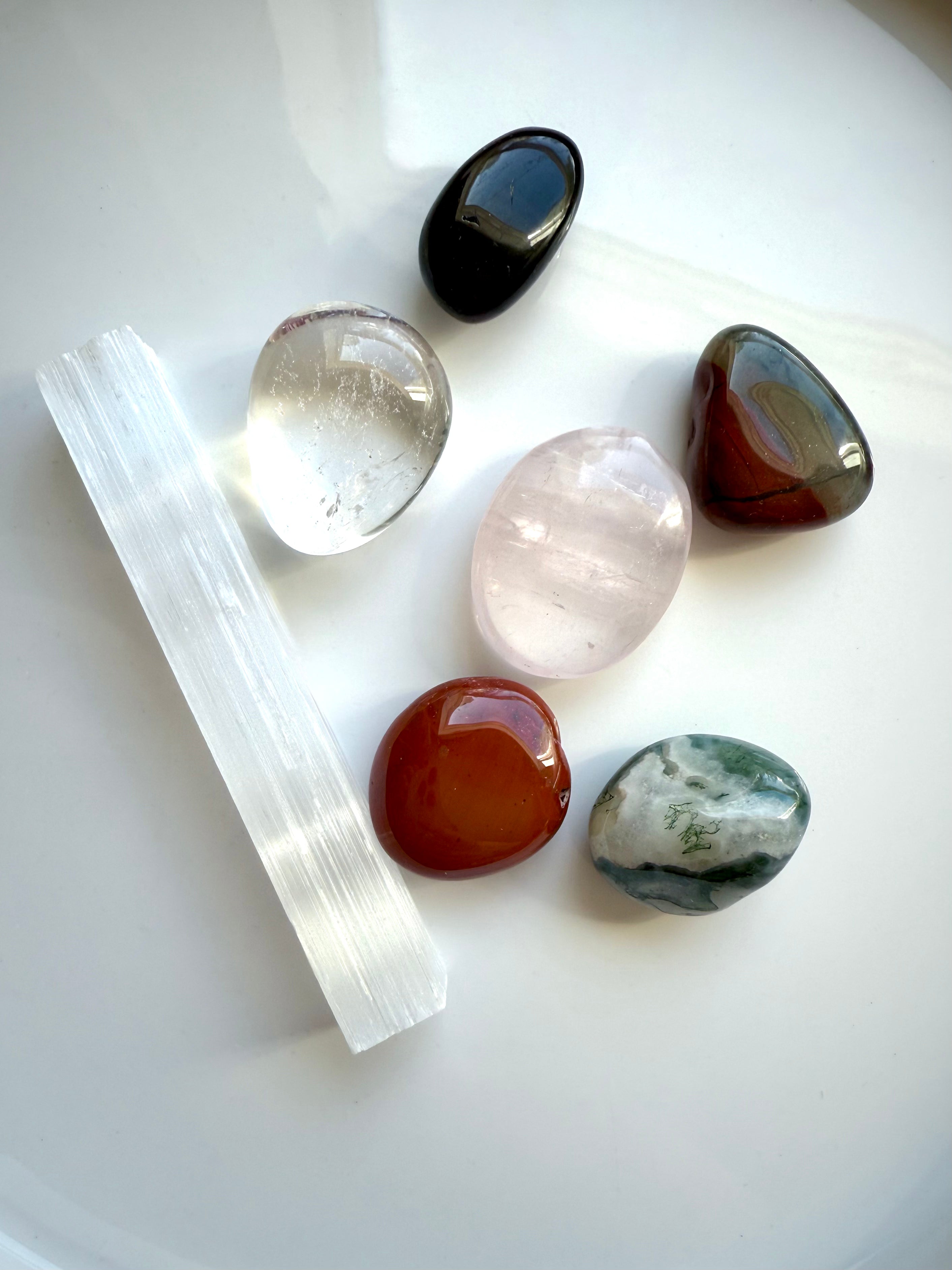 Assorted Get Well healing stones including Red Jasper, Selenite, and Moss Agate