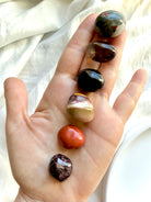 Hand holding a Root Chakra Crystal Set with Bloodstone, Black Obsidian, Red Jasper, Smoky Quartz, Garnet, and Mookaite Jasper