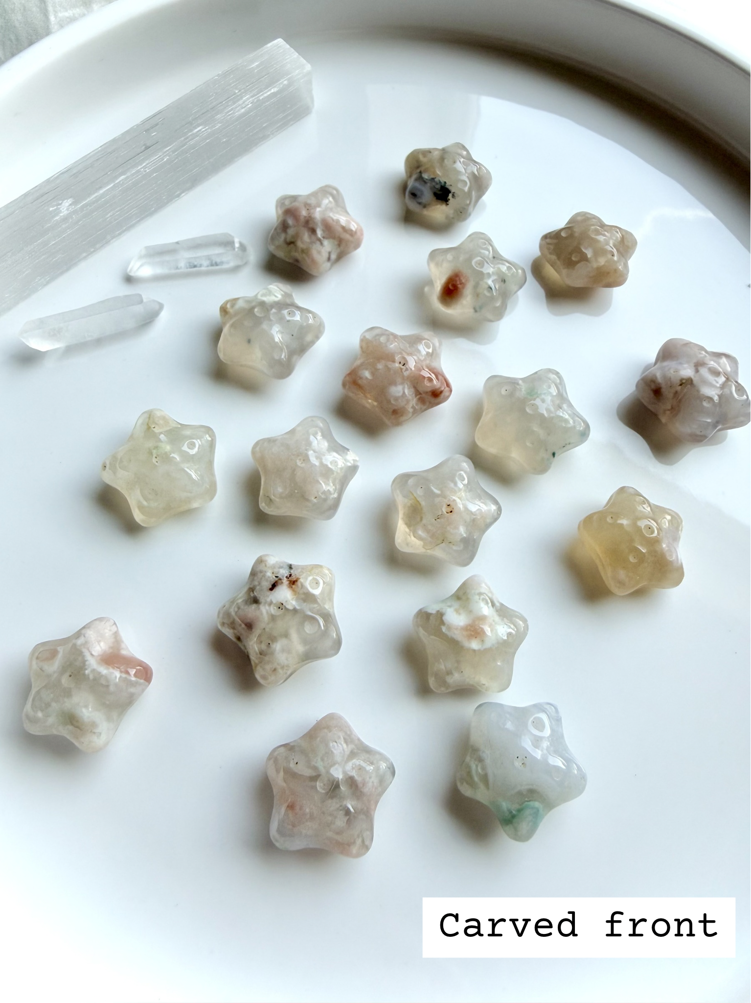Flower Agate starfish carvings showing carved front detail with floral plume inclusions and polished finish