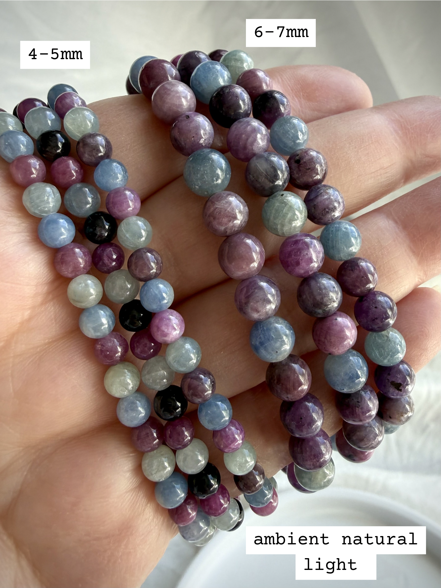 Ruby Sapphire bracelet bead size comparison in natural light showing available bead sizes and natural gemstone color variation