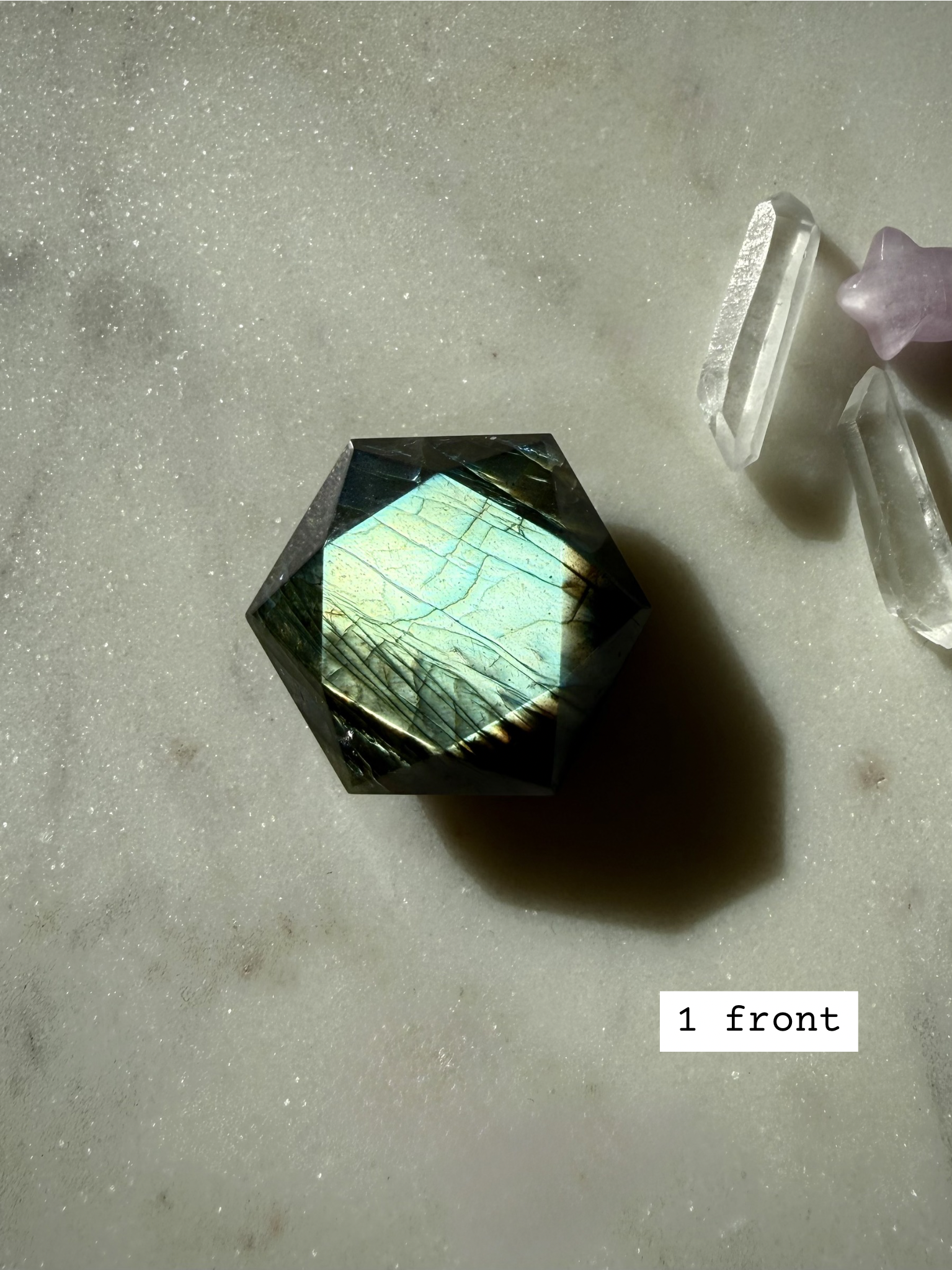 Faceted Labradorite hexagon crystal – Star of David sacred geometry for Third Eye Chakra, green and blue labradorescence, front view
