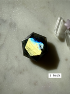 Labradorite hexagon – sacred geometry crystal for Third Eye Chakra, green and blue labradorescence, back view
