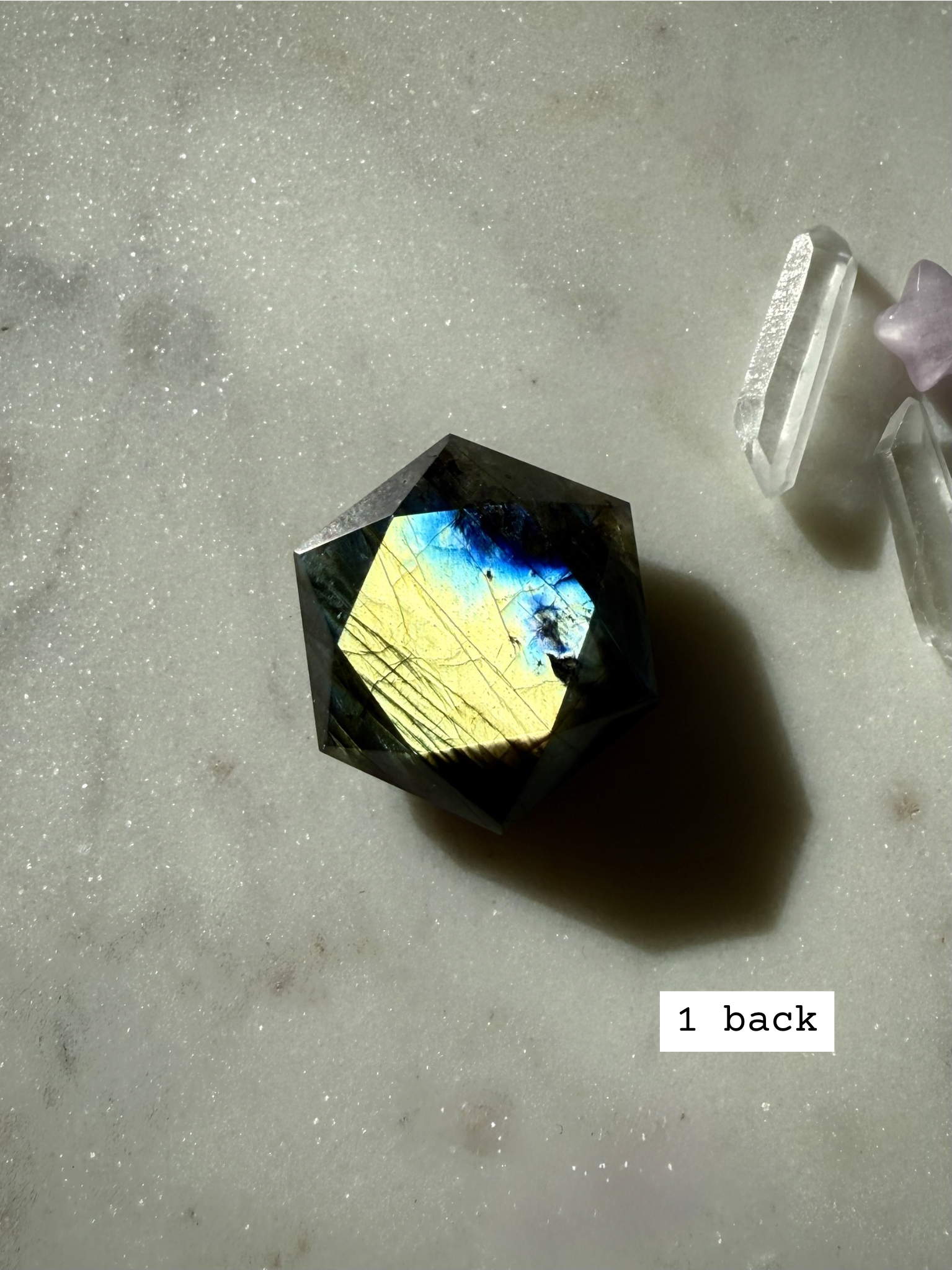 Labradorite hexagon – sacred geometry crystal for Third Eye Chakra, green and blue labradorescence, back view