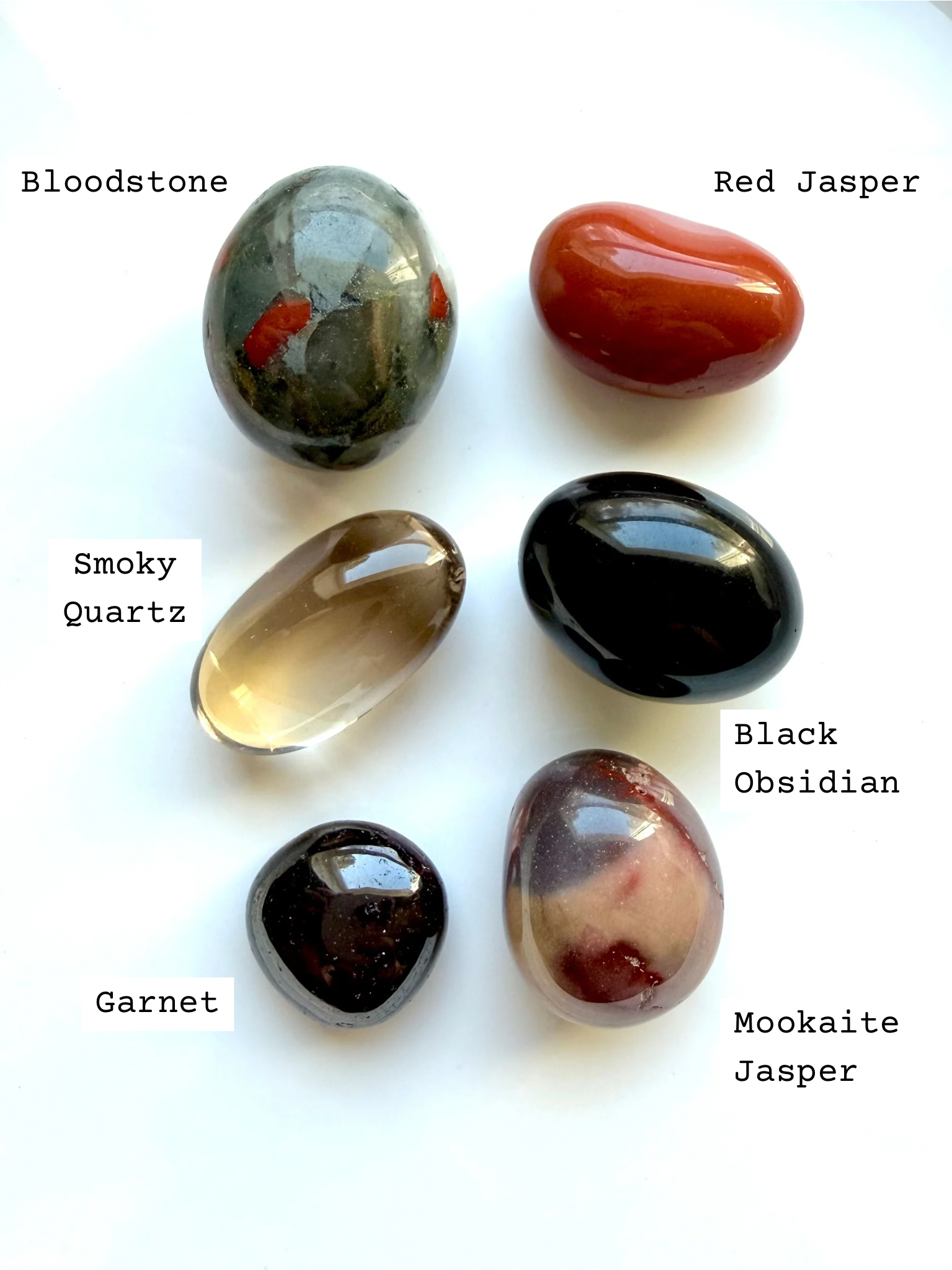 Bloodstone, Black Obsidian, Red Jasper, Smoky Quartz, Garnet, and Mookaite Jasper for Root Chakra meditation 