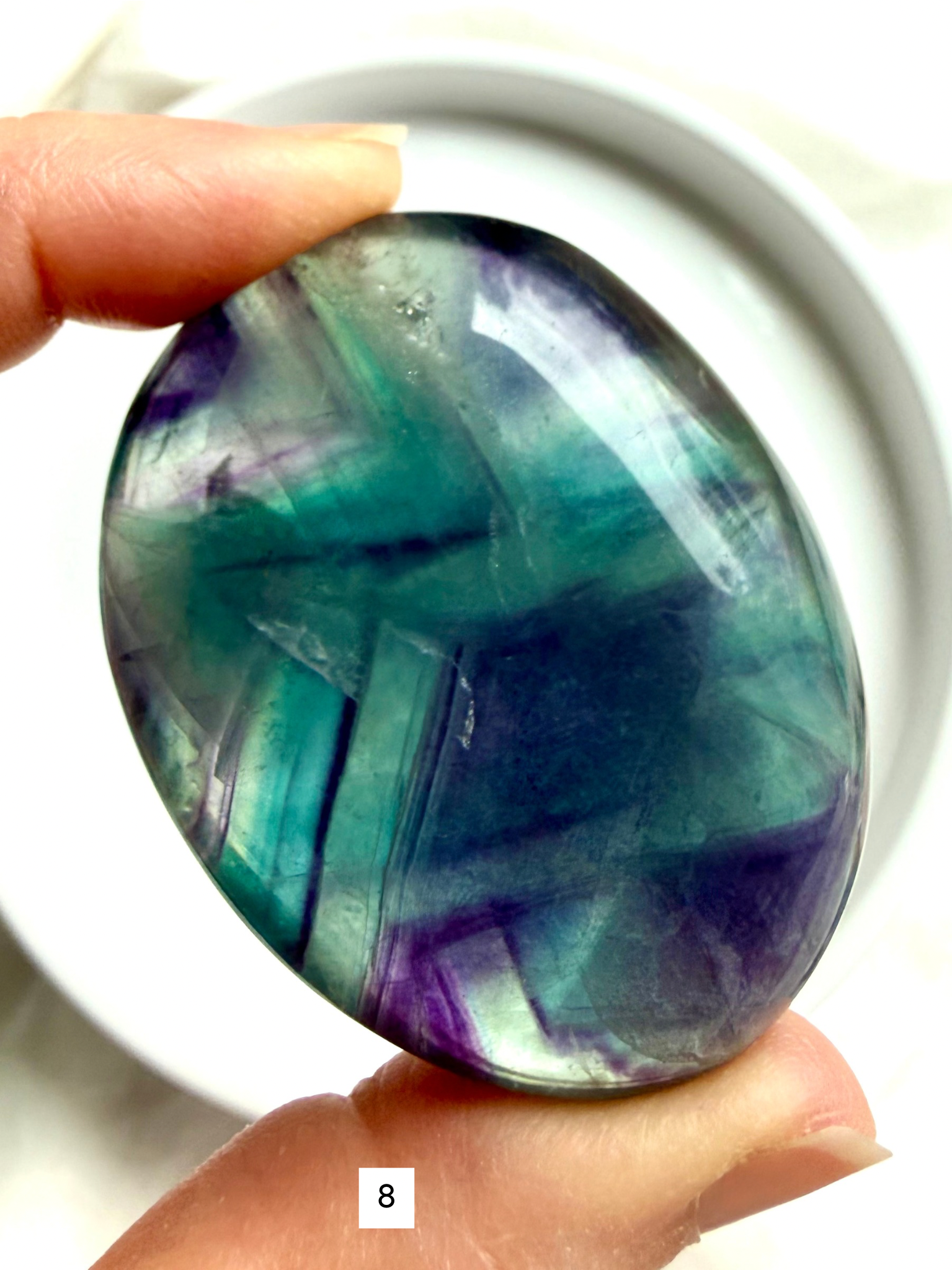 Rainbow Fluorite Palm Stone #8 with aqua, green and violet bands and polished crystal finish