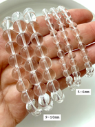 High quality Clear Quartz bracelets marked with bead sizes showing transparent crystal beads 