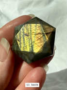 Faceted Labradorite hexagon crystal – sacred geometry hexagon for intuition and psychic clarity, golden iridescent flash, back view
