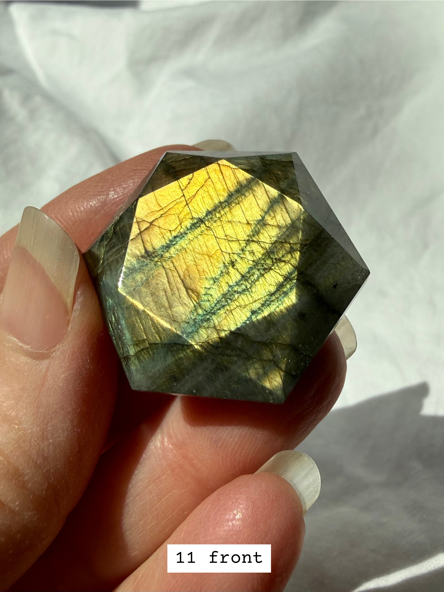 Faceted Labradorite hexagon crystal – Star of David sacred geometry for Third Eye Chakra, gold labradorescence, front view