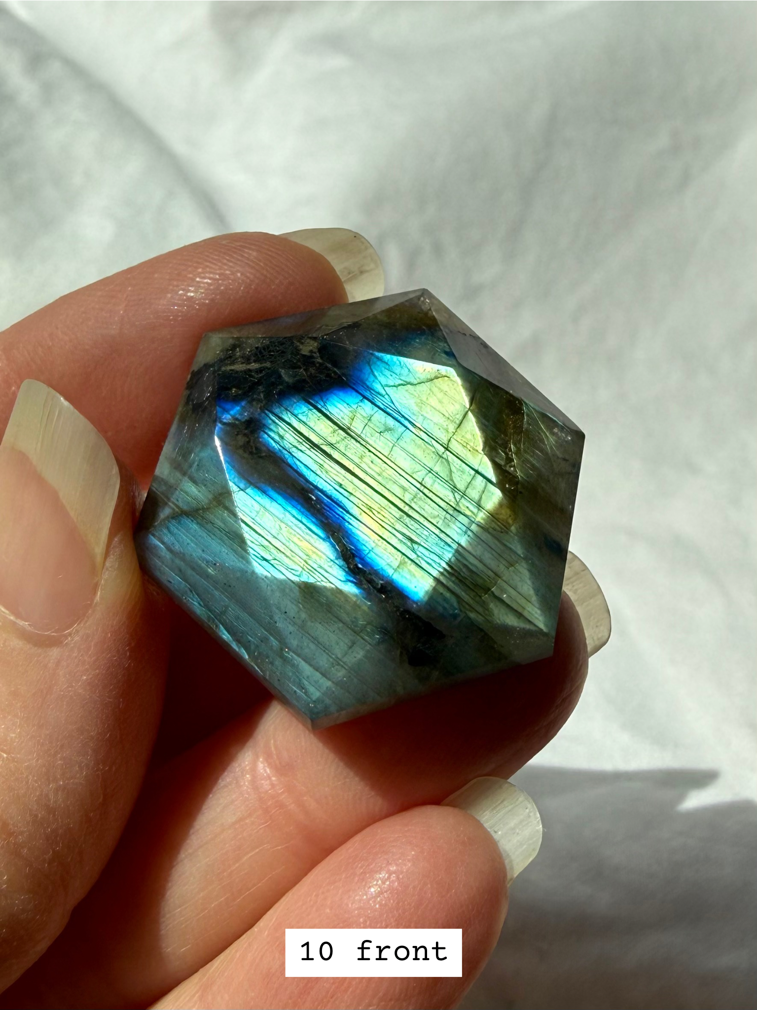 Blue flash Labradorite hexagon crystal – sacred geometry meditation stone, back view