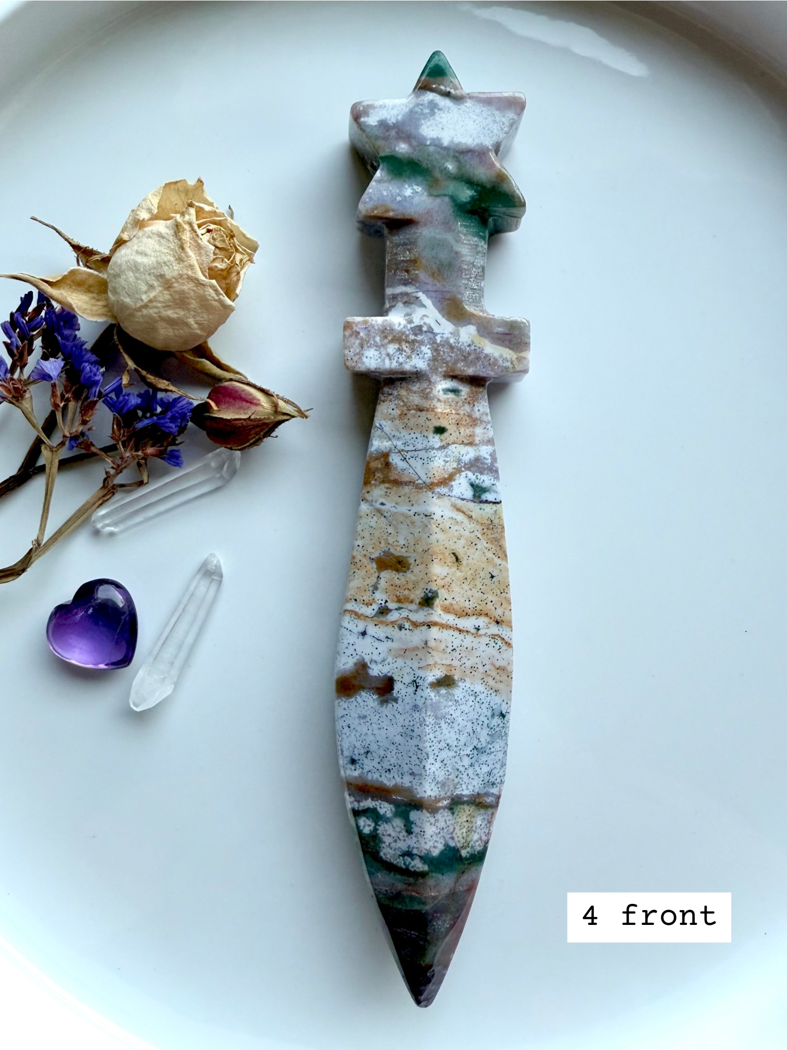 Ocean Jasper star knife # 4 back – Ocean Jasper knife carving, polished with earthy golden honey tones and natural inclusions