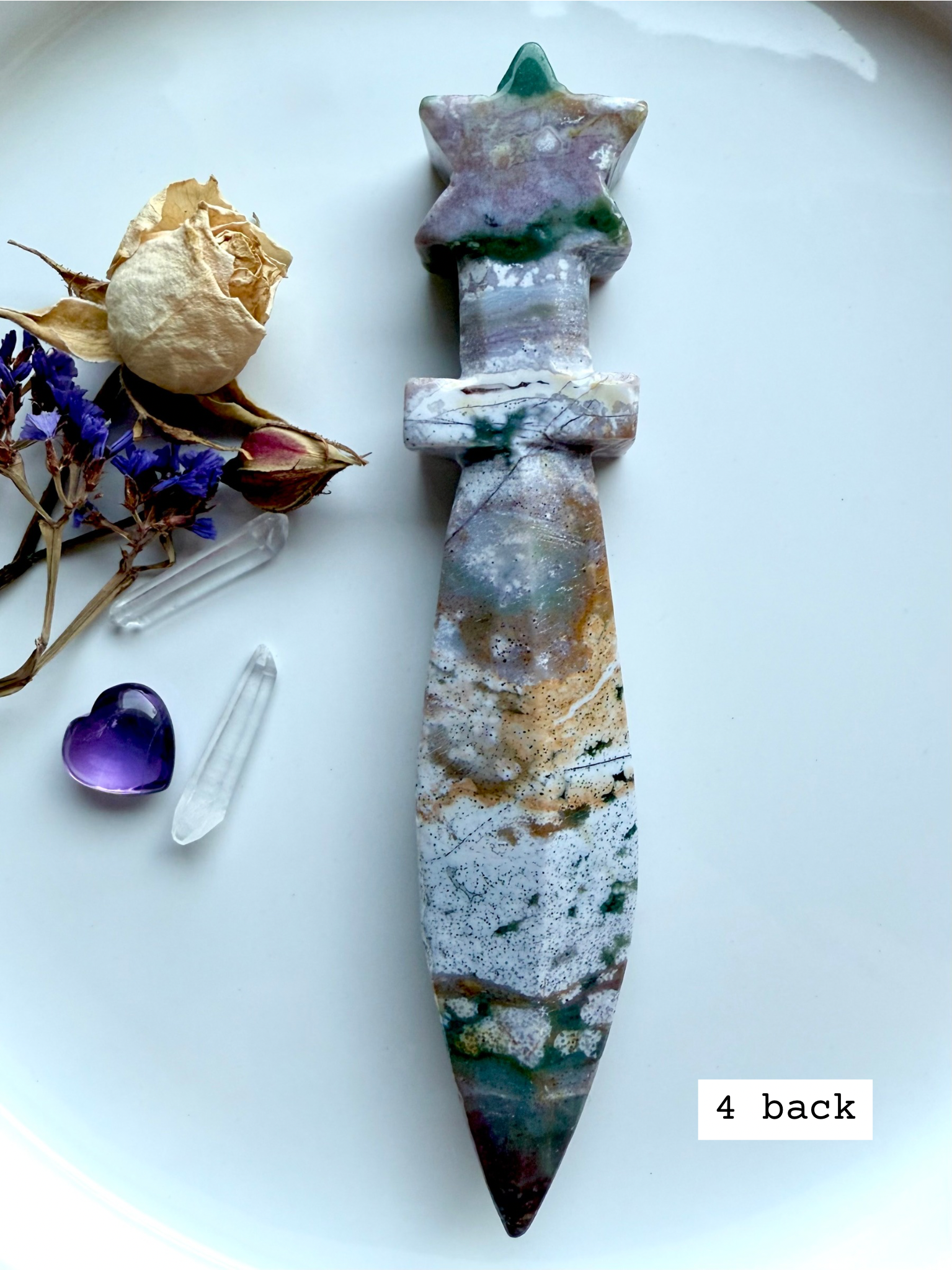 Ocean Jasper star knife # 4 front – crystal athame carving with star handle, displaying golden brown and cream jasper bands