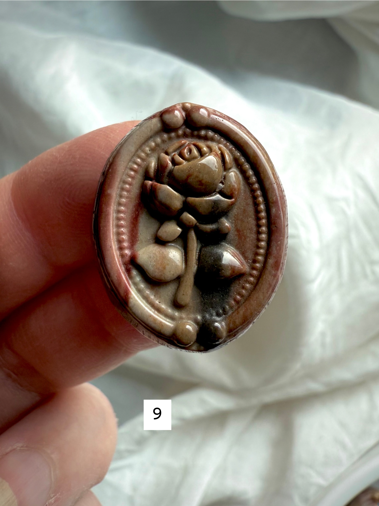 Polychrome Jasper Rose cabochon #9 with deep earthy brown, taupe, and cream stone detail