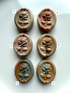 Polychrome Jasper rose cabochons in assorted natural colors arranged in two rows — carved crystal ovals for grounding, balance, and earth element healing.