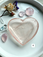rose quartz heart bowl with floral and crystal styling, heart chakra healing dish for love, self-care rituals, and metaphysical décor