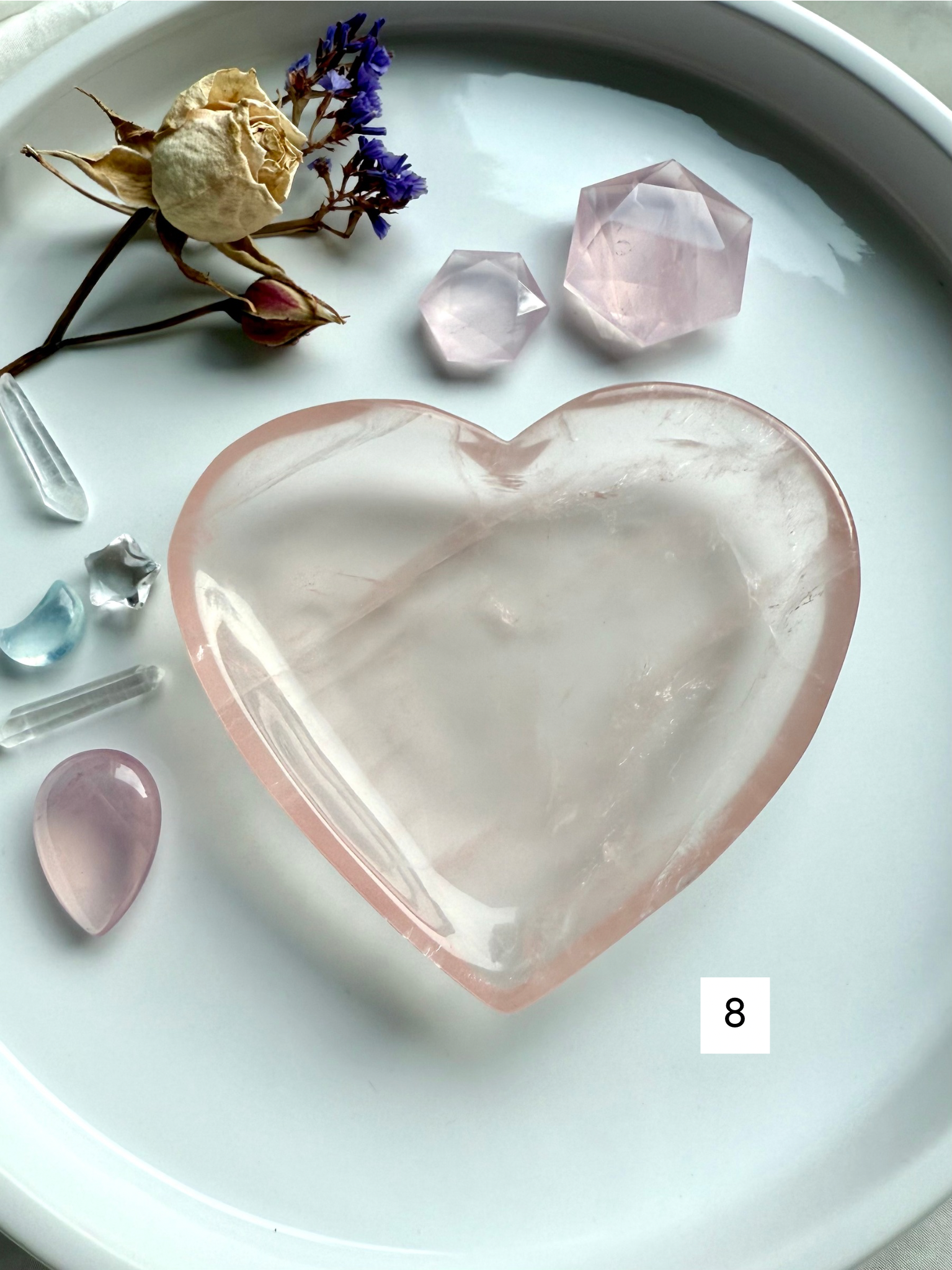 rose quartz heart bowl with floral and crystal styling, heart chakra healing dish for love, self-care rituals, and metaphysical décor