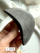 Back view of Silver Sheen Obsidian crescent moon crystal, smooth polished obsidian for grounding and protection