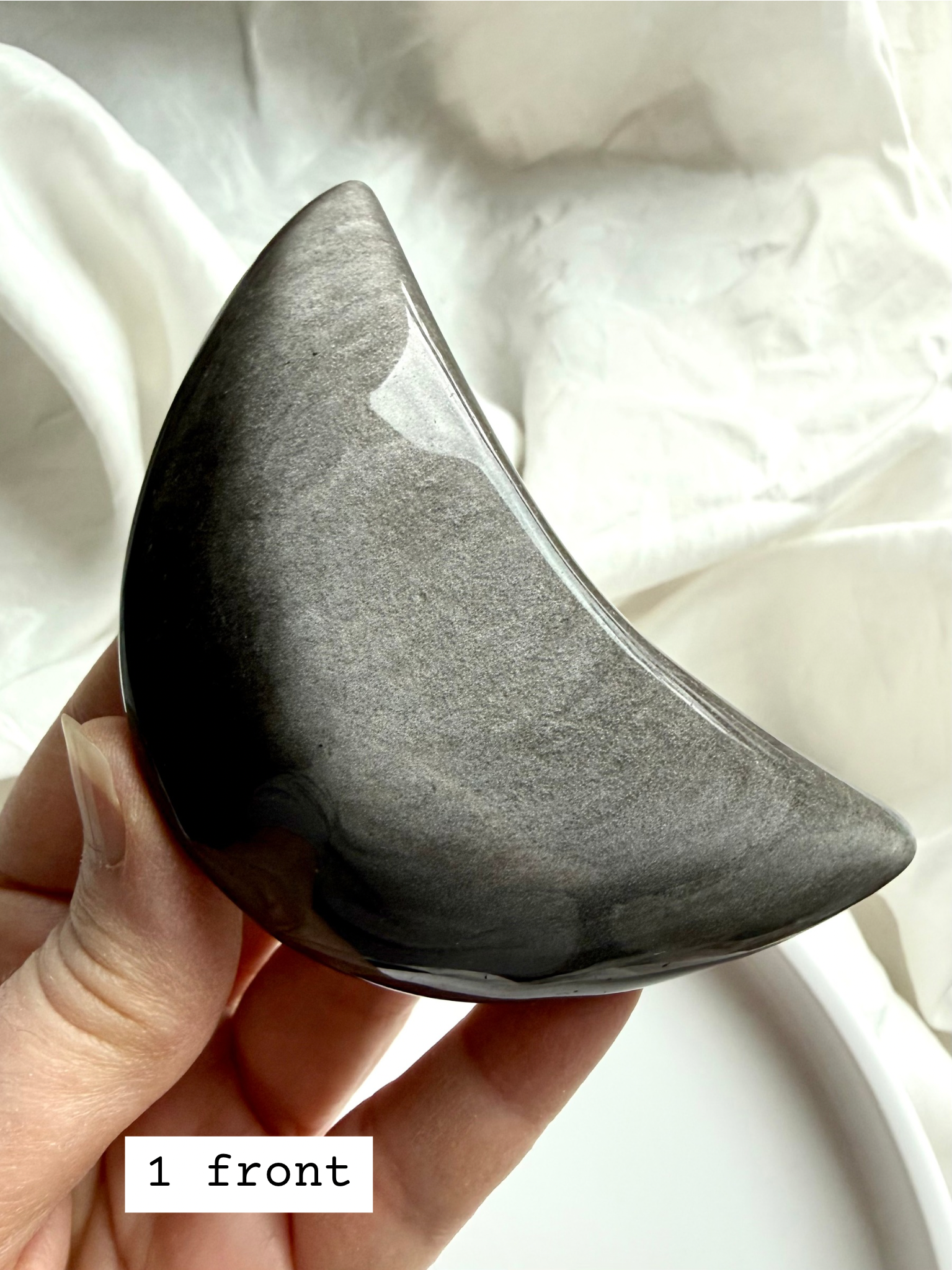 Silver Sheen Obsidian moon crystal with high quality silver shimmer, protective grounding stone for clarity and inner wisdom