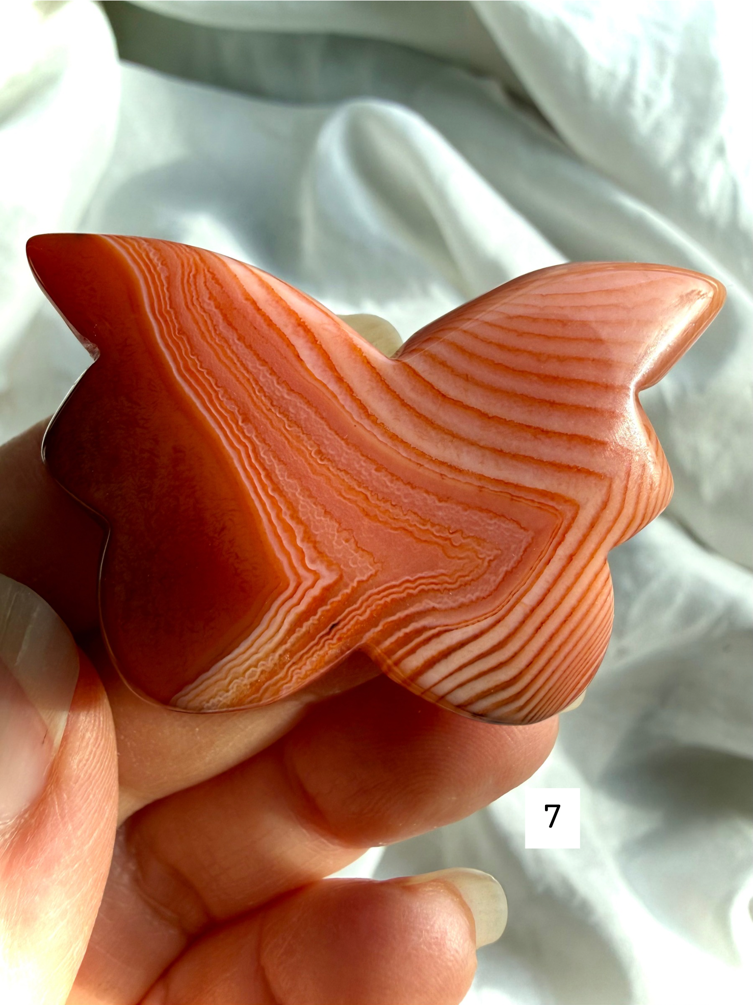 Carnelian butterfly crystal carving number 7 with warm red and orange agate banding, flat polished carving with rounded edges