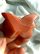 Carnelian butterfly crystal carving number 7 with warm red and orange agate banding, flat polished carving with rounded edges