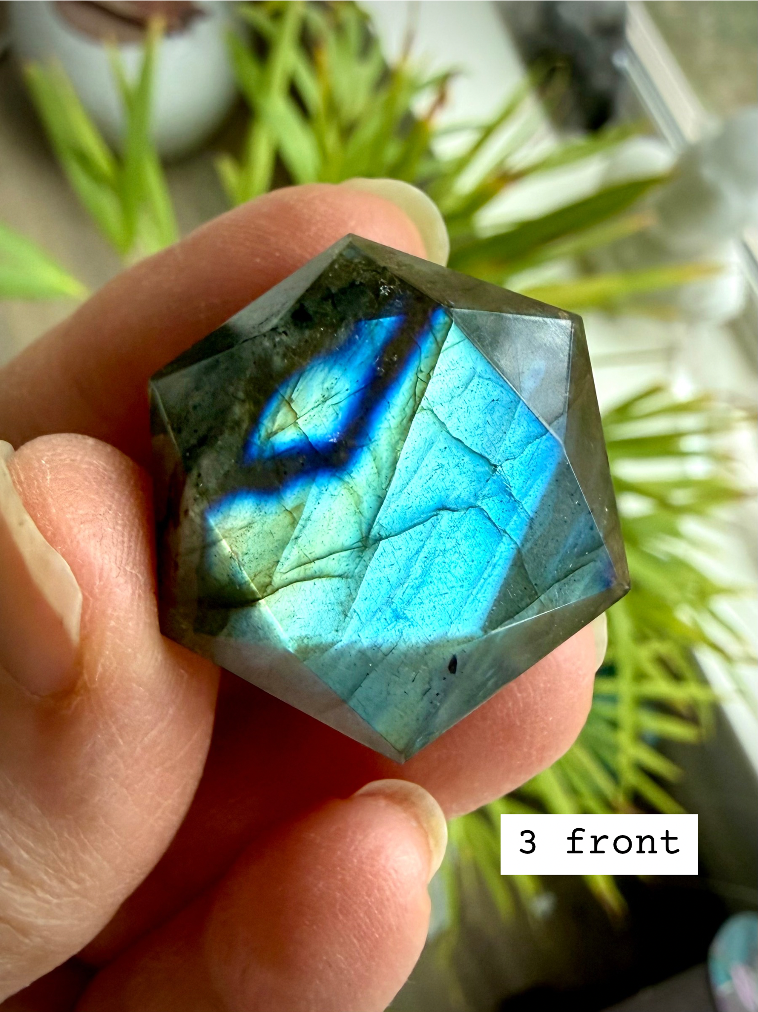 Faceted Labradorite hexagon crystal – Star of David sacred geometry for Third Eye Chakra, blue/green/gold flash, front view