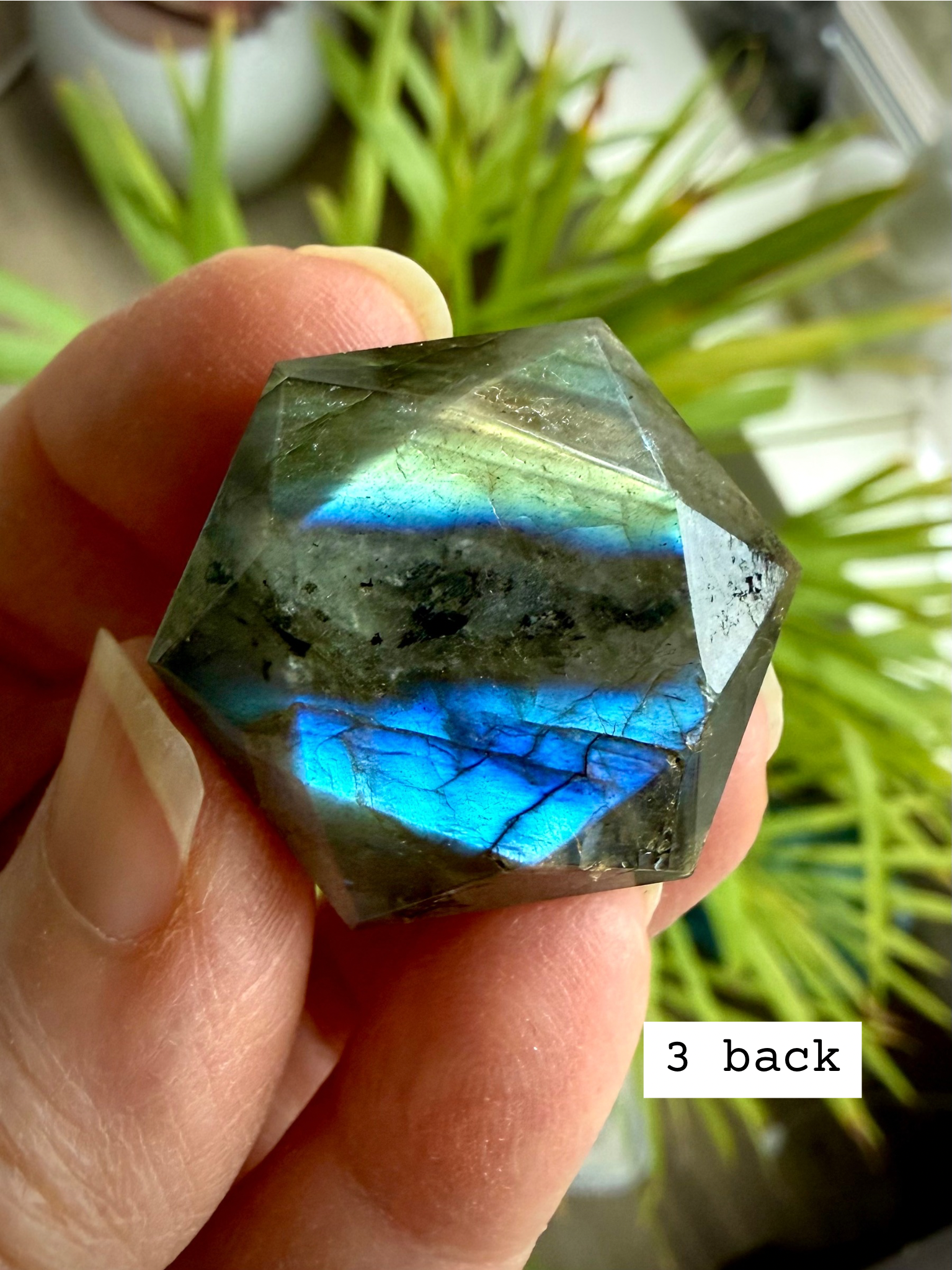 Faceted Labradorite hexagon crystal – sacred geometry hexagon for intuition, luminous green and blue flash, back view