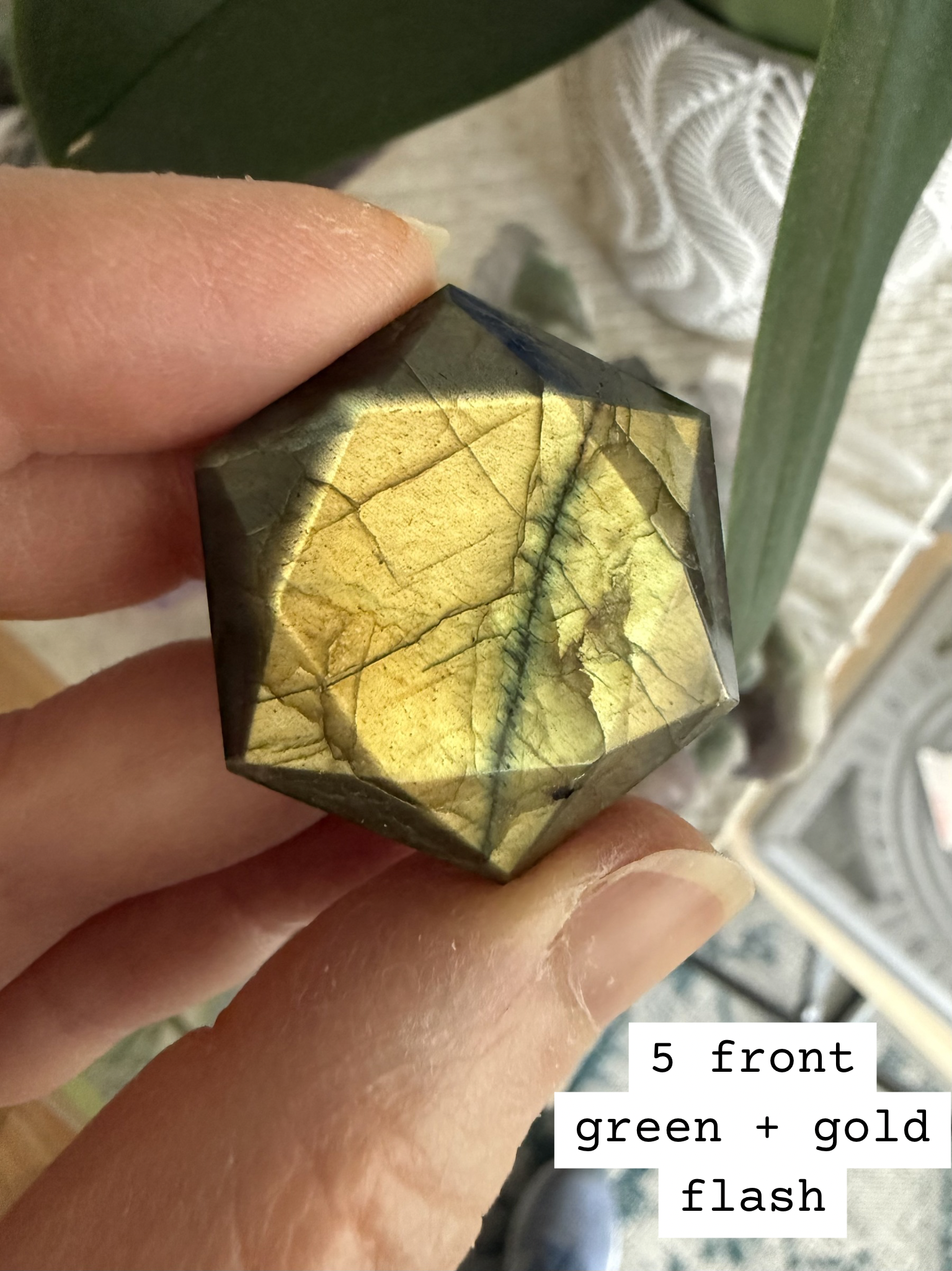 Faceted Labradorite hexagon crystal – Star of David sacred geometry for Third Eye Chakra, gold labradorescence, front view