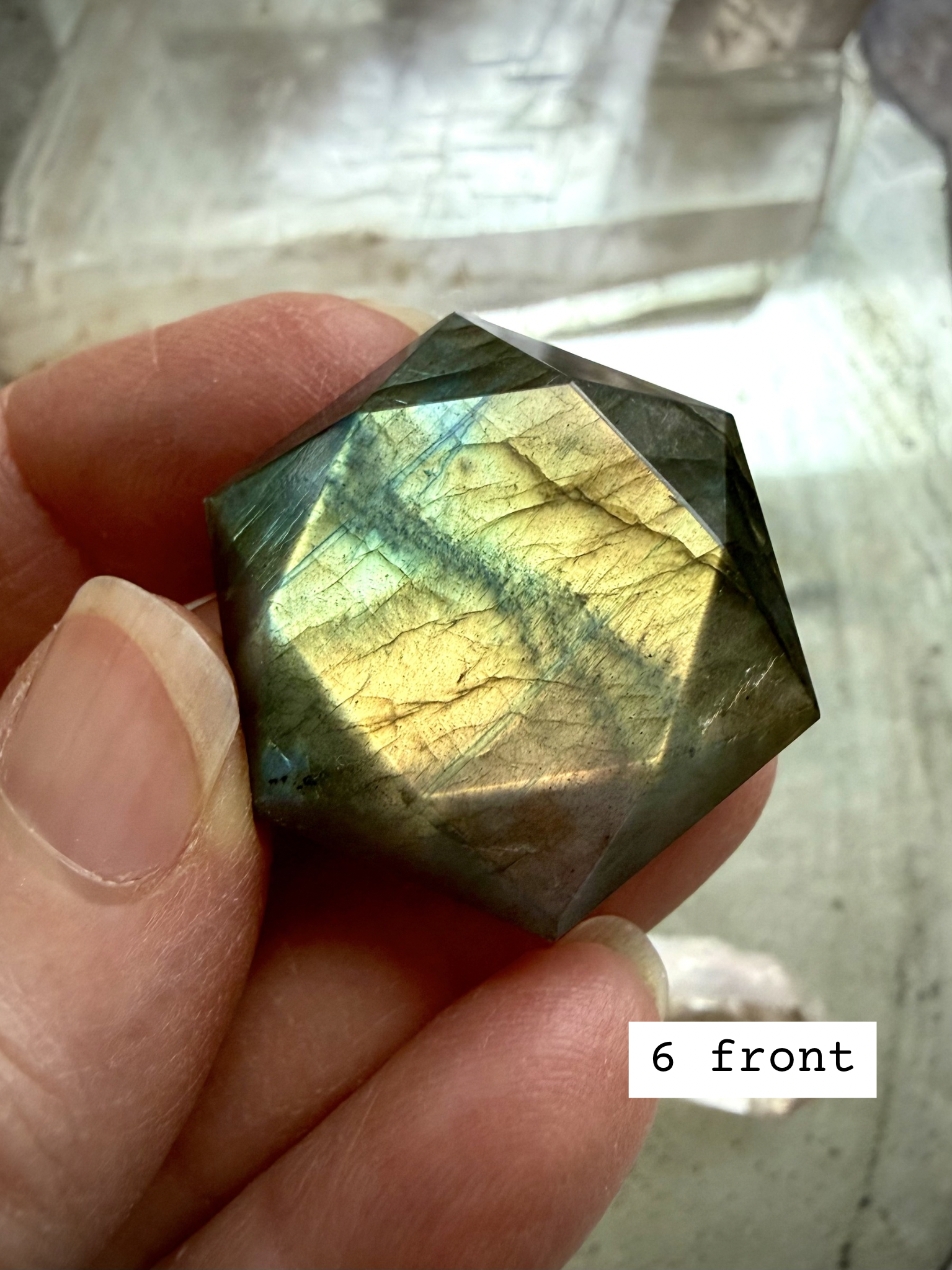 Faceted Labradorite hexagon crystal – Star of David sacred geometry for Third Eye Chakra, green and gold labradorescence, front view