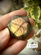 Faceted Labradorite hexagon crystal – Star of David sacred geometry for Third Eye Chakra, gold and copper labradorescence, front view