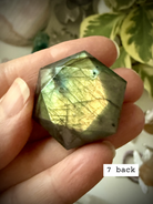 Faceted Labradorite hexagon crystal – sacred geometry hexagon for intuition and psychic clarity, green and gold iridescent flash, back view