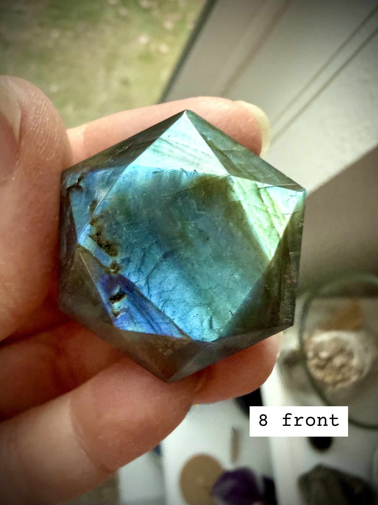 Faceted Labradorite hexagon crystal – Star of David sacred geometry for Third Eye Chakra, blue/green/gold flash, front view