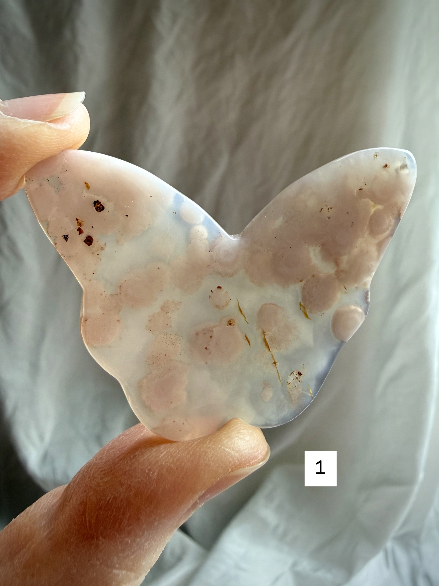 Flower Agate butterfly crystal carving #1 – soft pink blossom agate butterfly stone