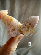 Flower Agate butterfly crystal carving #2 – polished pink agate butterfly with floral plume patterns