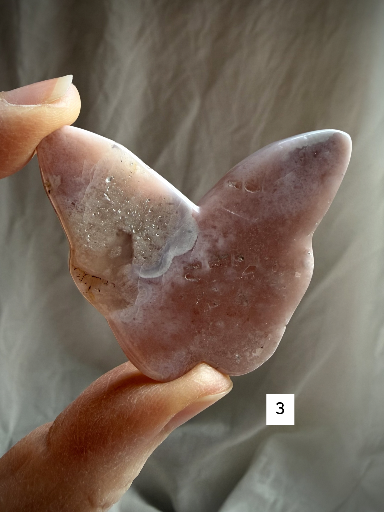Flower Agate butterfly crystal carving #3 – blush pink agate butterfly with natural crystal banding
