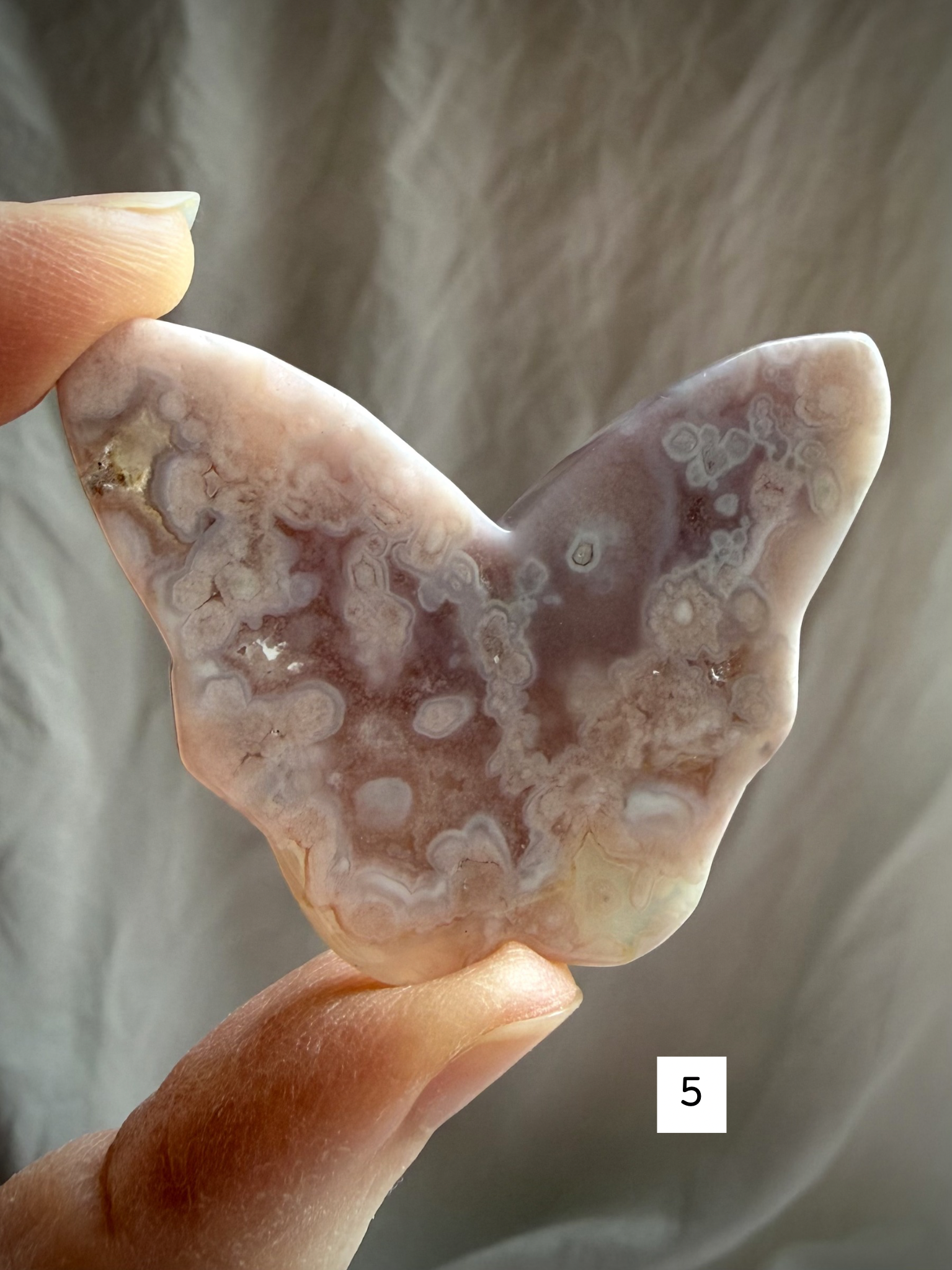 Flower Agate butterfly crystal carving #5 – translucent pink blossom agate butterfly stone